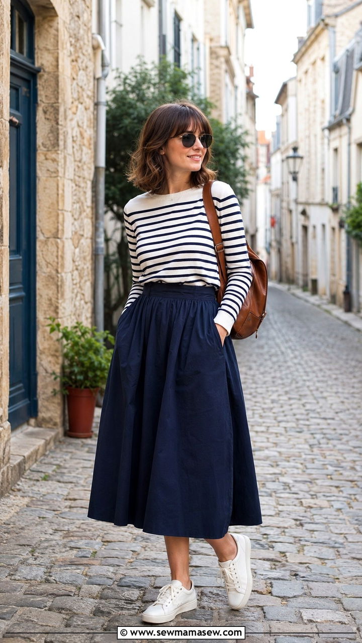 Cotton Poplin Midi Skirt With Striped Knit And White Sneakers - 30 Spring outfits with midi skirts