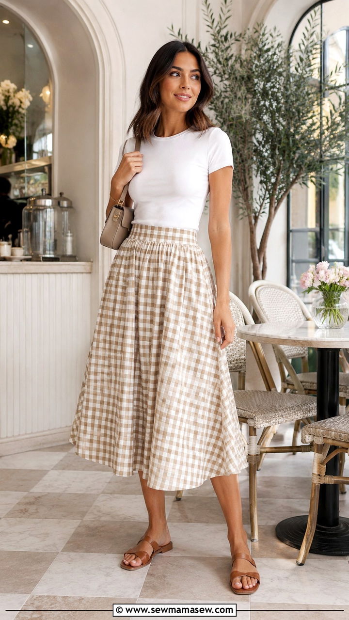 Cotton Poplin Midi Skirt and Tee Outfit - 30 Spring cotton outfits
