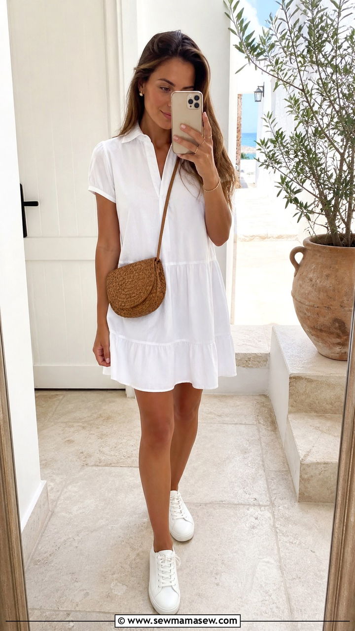 Cotton Poplin Mini Dress Outfit With White Sneakers - 40 classy vacation outfits