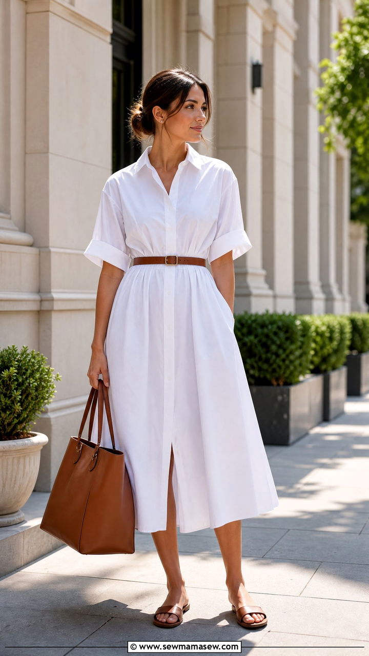 Cotton Poplin Shirt Dress With Belt And Flat Sandals - 35 hot weather outfits Pinterest