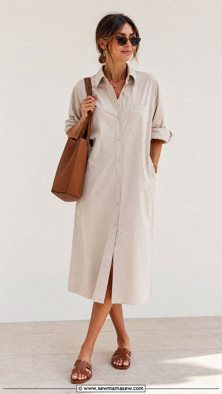 Cotton Poplin Shirt Dress with Chunky Slide Sandals - 30 summer elevated casual outfit ideas