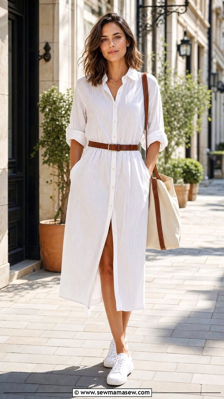 Cotton Poplin Shirtdress and Sneakers Outfit - 25 Summer outfits for dry heat