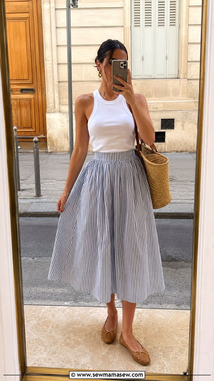 Cotton Poplin Skirt and Tank Top with Ballet Flats - 30 How to style ballet flats in summer