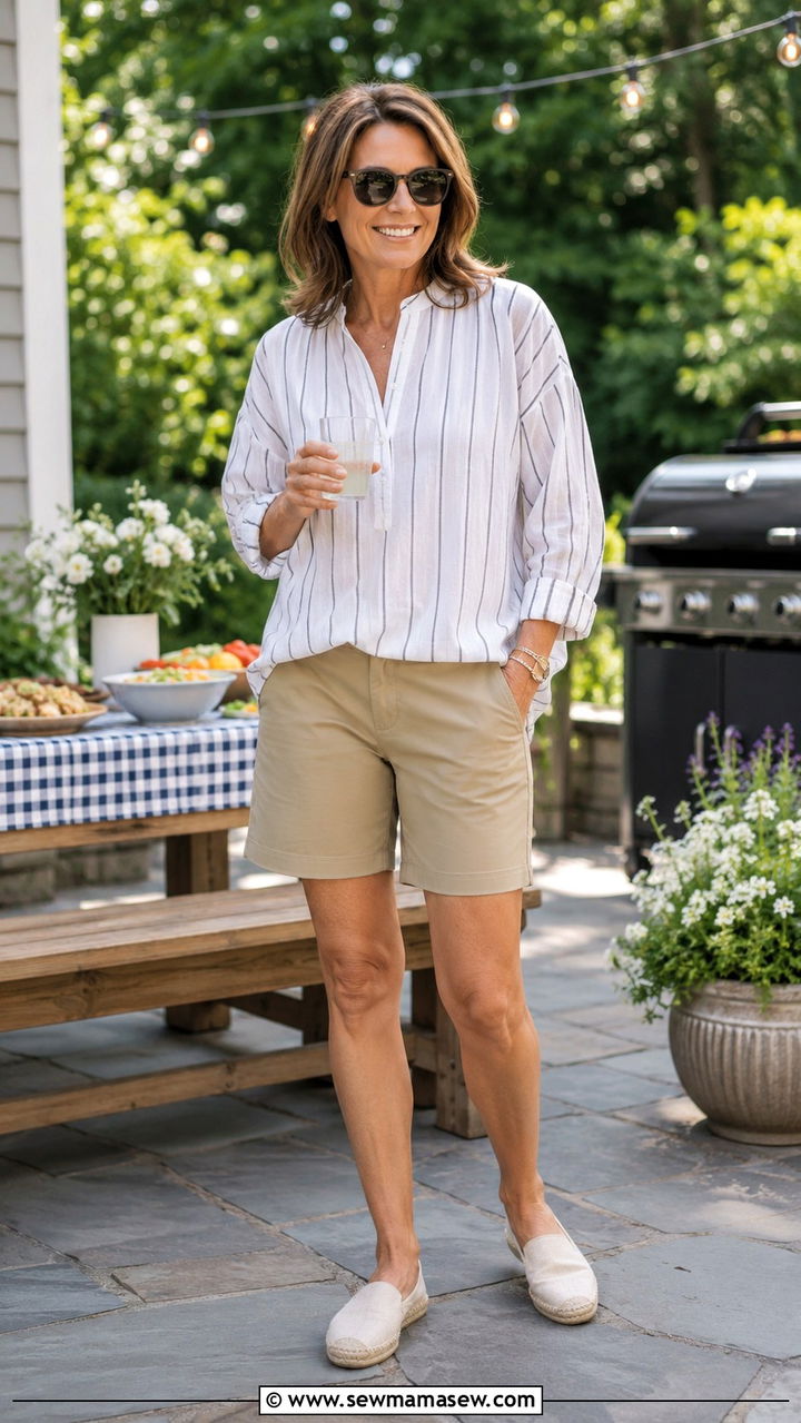 Cotton Popover Blouse With Chino Shorts and Slip On Espadrilles - 30 Capsule wardrobe women over 40