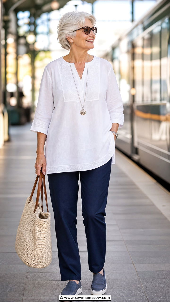 Cotton Popover Tunic With Straight Leg Pants - 30 Summer outfits for women over 70