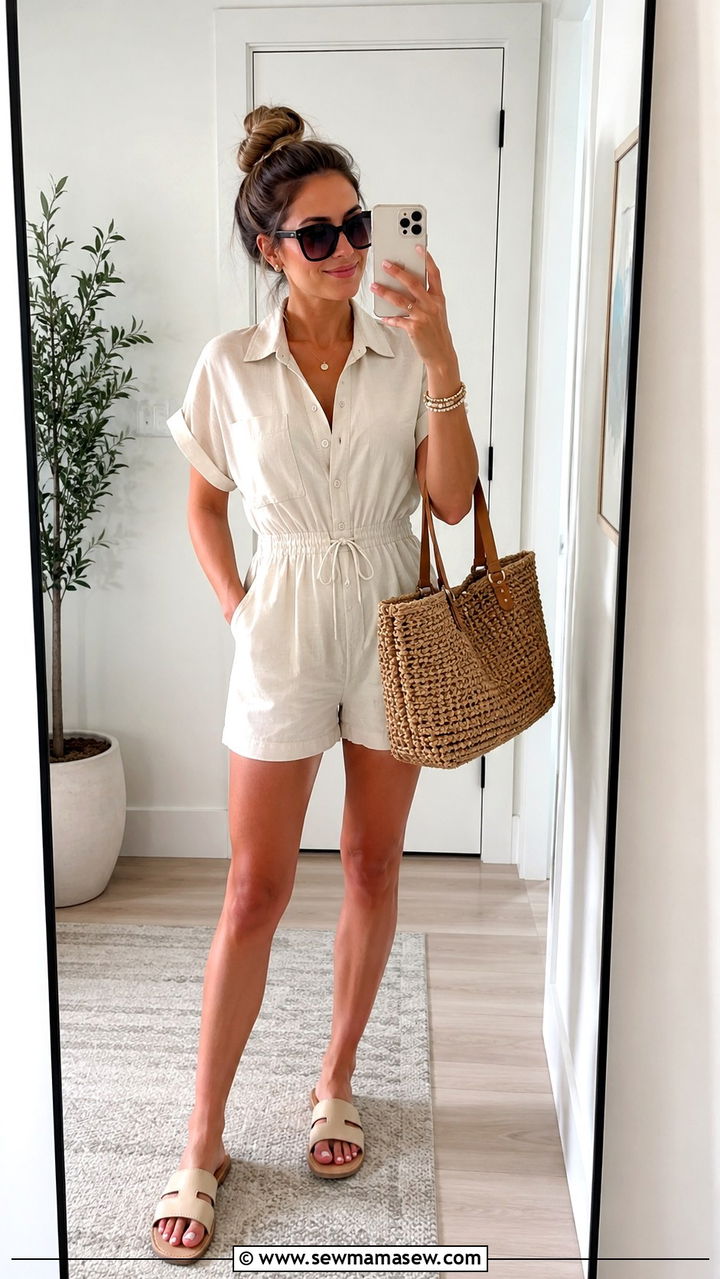 Cotton Romper with Slide Sandals - 20 Summer outfits for 90 degree weather