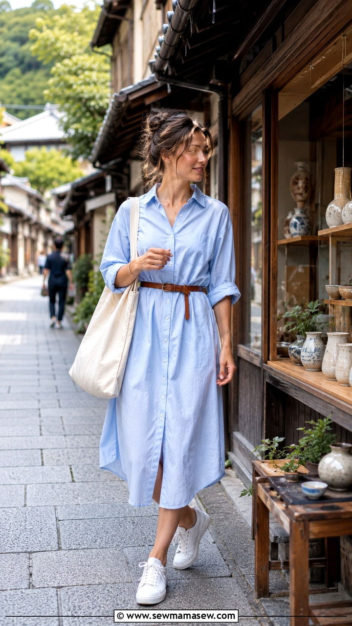 Cotton Shirt Dress With Sneakers Kyoto - 30 Kyoto outfit ideas
