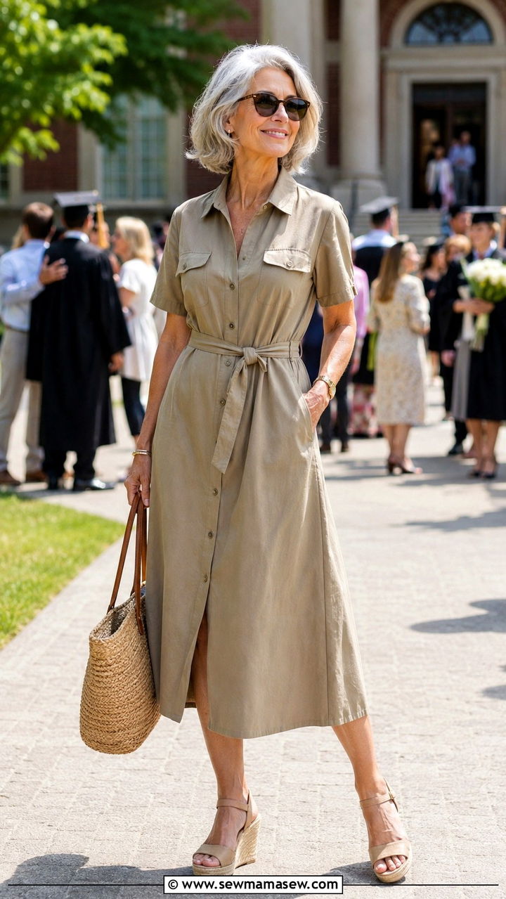 Cotton Shirt Dress in Khaki - 30 Graduation outfits for women over 60