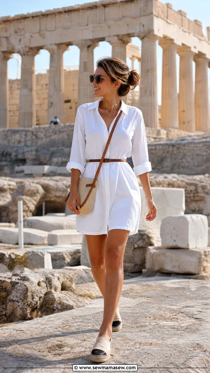 Cotton Shirt Dress with Flat Espadrilles - 35 Greece summer outfit ideas