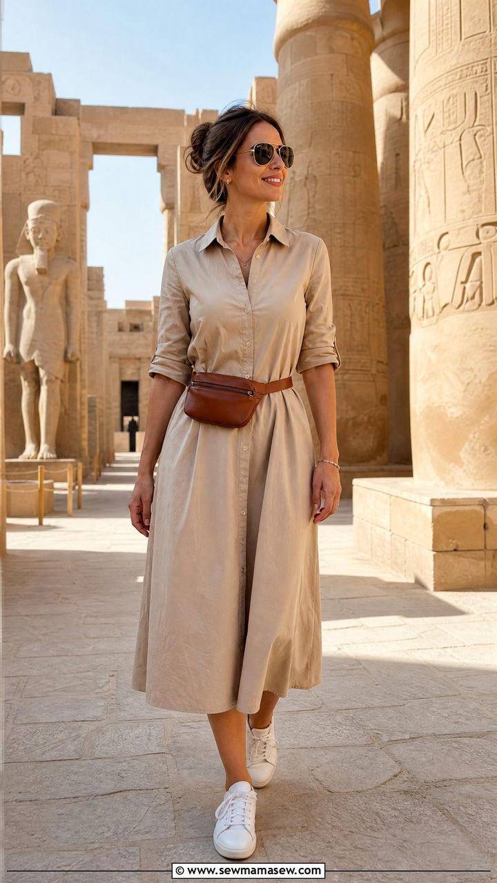 Cotton Shirtwaist Dress With Leather Belt Bag - 35 Luxor outfit ideas
