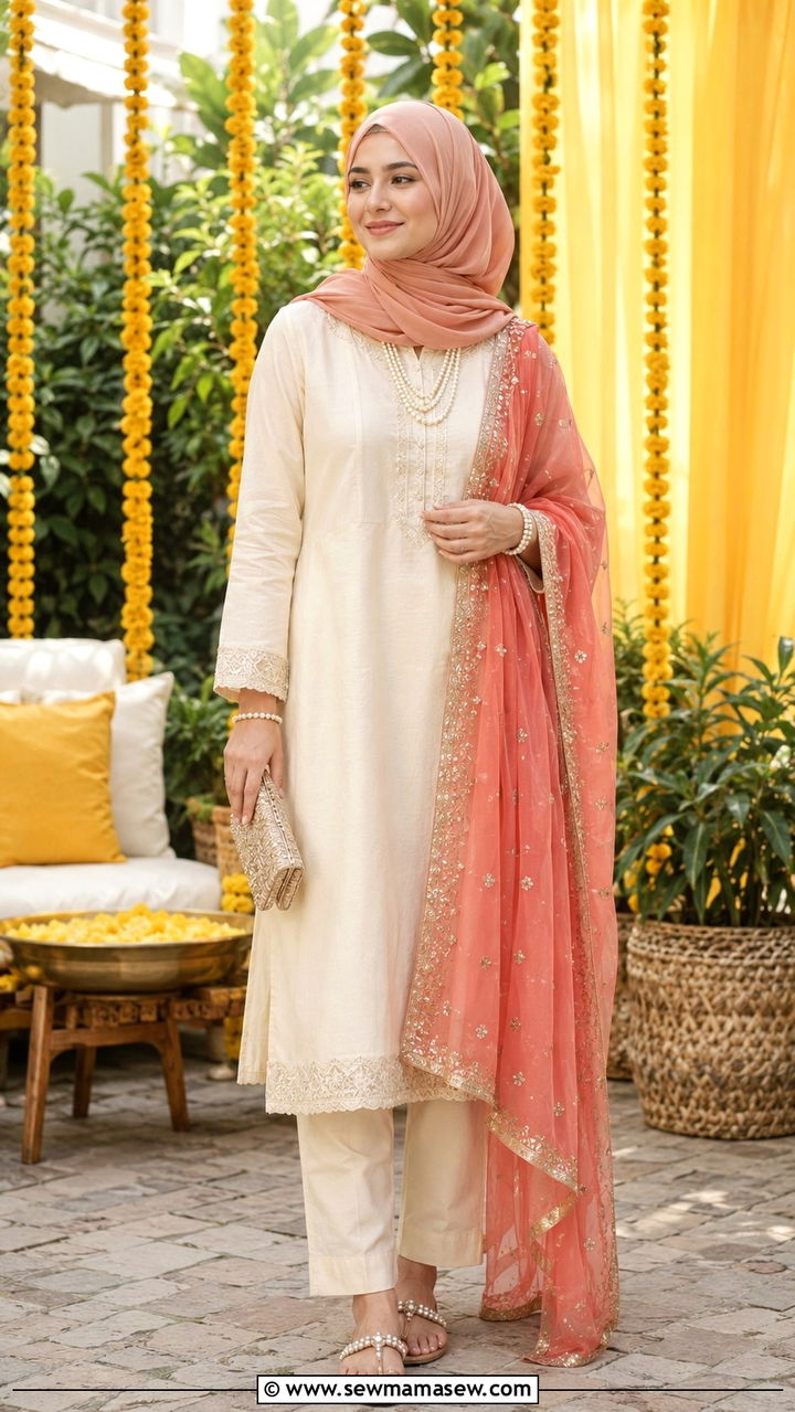 Cotton Silk Kurta Set With Contrast Dupatta - 30 Modest wedding guest outfit ideas for Muslim women