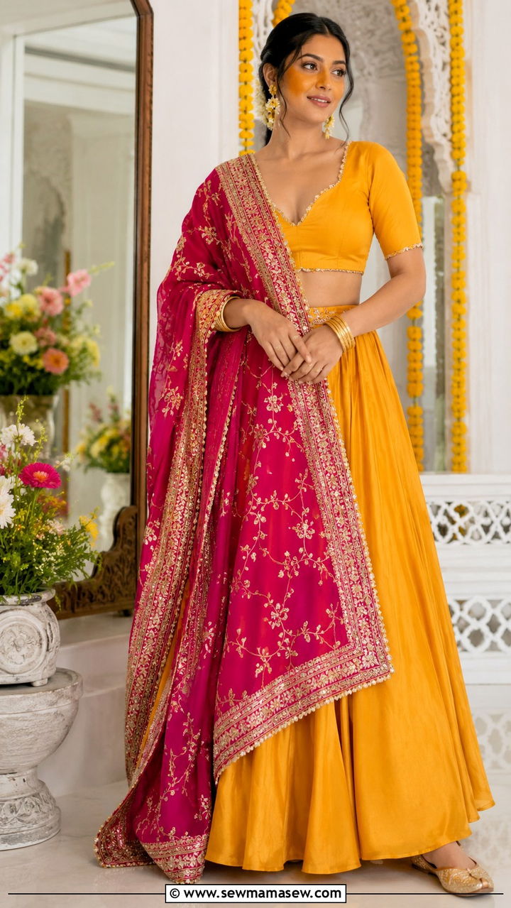 Cotton Silk Lehenga With Plain Blouse And Heavy Dupatta - 20 Wedding guest outfit ideas Haldi ceremony