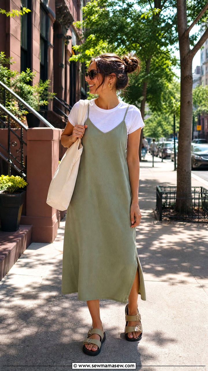 Cotton Slip Dress Layered Over A White Tee - 30 Summer cotton outfits