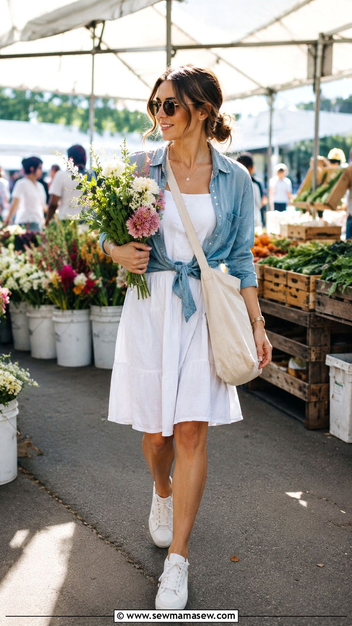 Cotton Sundress And Denim Shirt With Canvas Crossbody Bag - 30 Spring outfits with bags