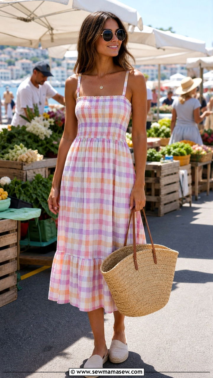 Cotton Sundress With Espadrilles And Straw Tote - 40 Coastal summer outfits