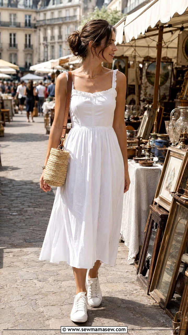 Cotton Sundress and White Sneakers Outfit - 30 casual parisian outfits