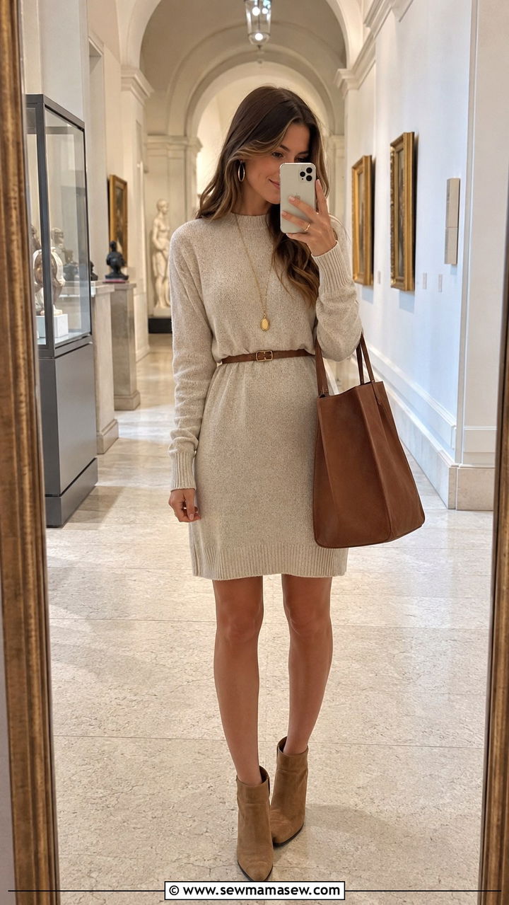 Cotton Sweater Dress With Ankle Boots And Tote Bag - 30 spring museum day outfit ideas