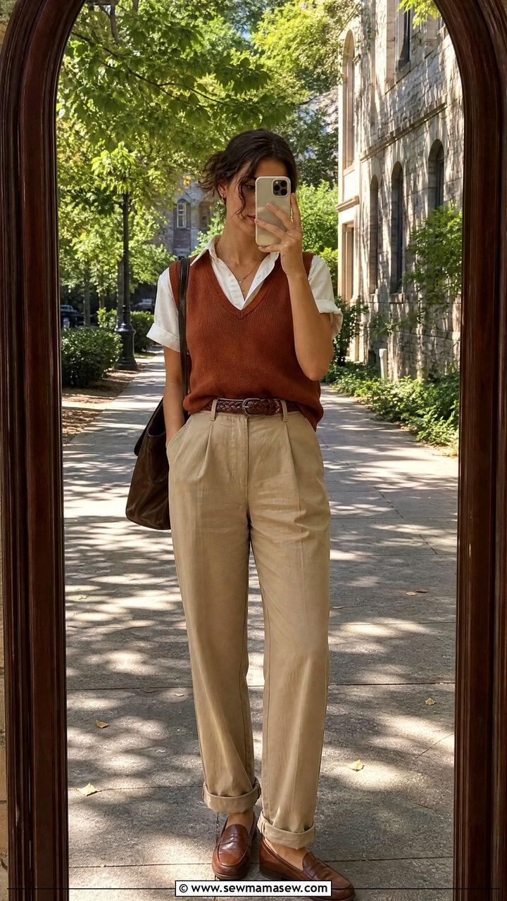 Cotton Sweater Vest over Short Sleeve Button Down - 30 summer dark academia outfits