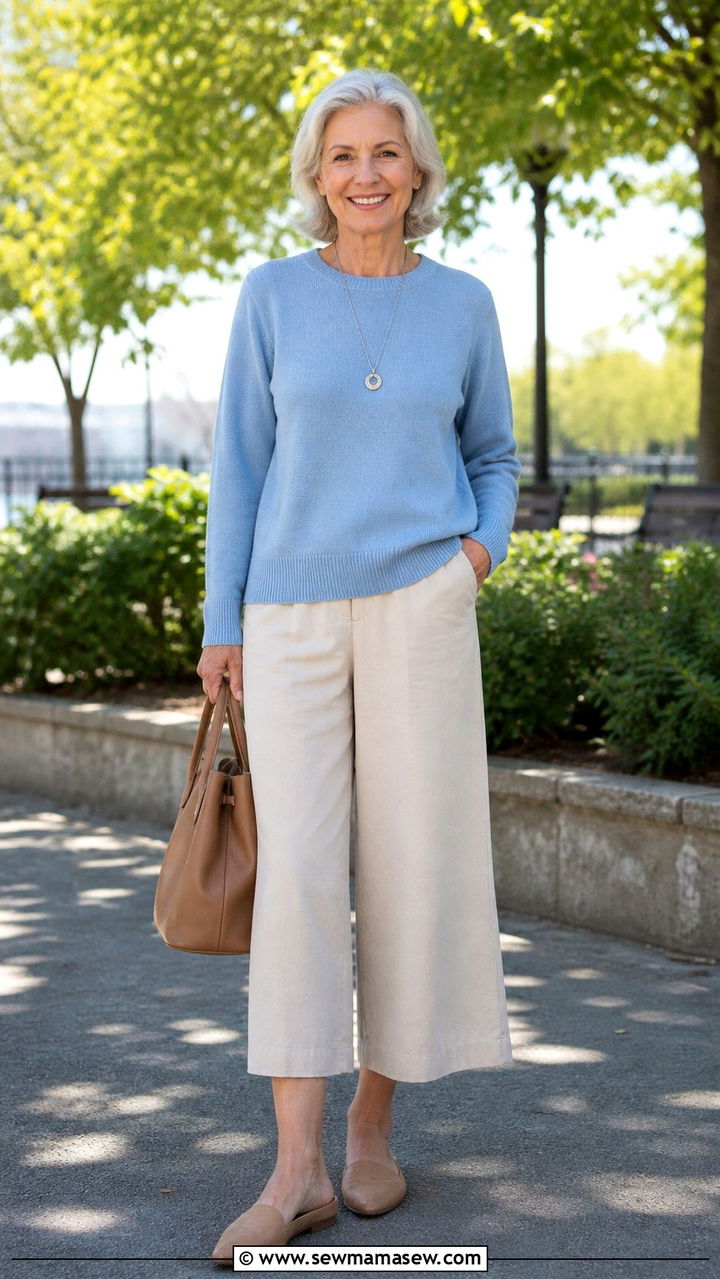 Cotton Sweater with Cropped Wide Leg Pants - 40 Spring outfit ideas for women over 60 2026