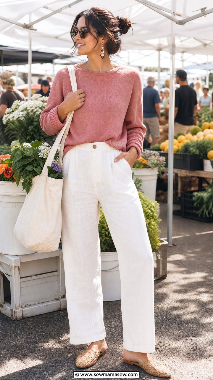 Cotton Sweater with Linen Pants and Mules - 35 How to style a sweater in spring