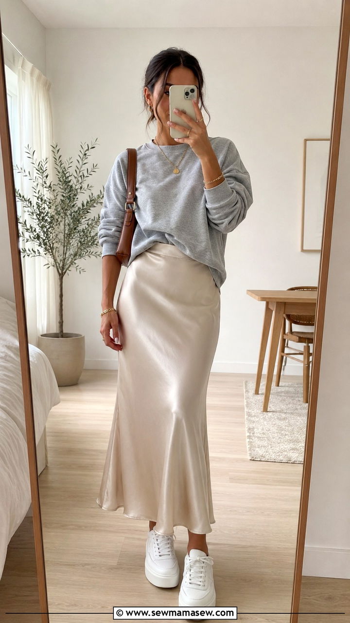 Cotton Sweatshirt and Slip Skirt Outfit - 30 Spring cotton outfits