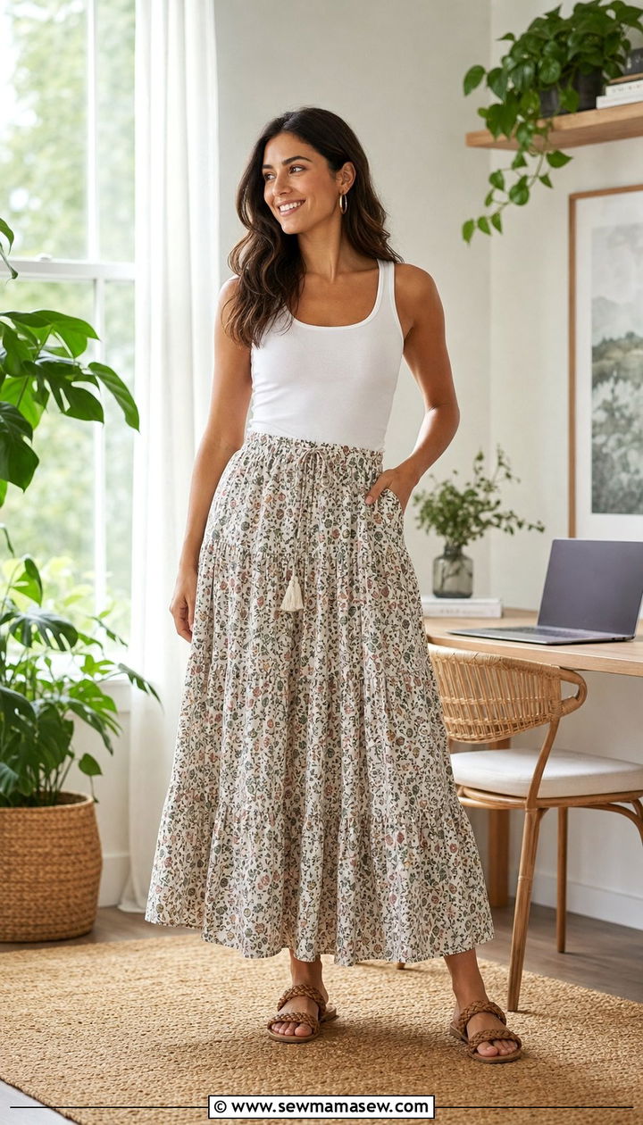 Cotton Tank Top And Tiered Maxi Skirt Summer WFH Outfit - 25 Summer outfit ideas for work from home