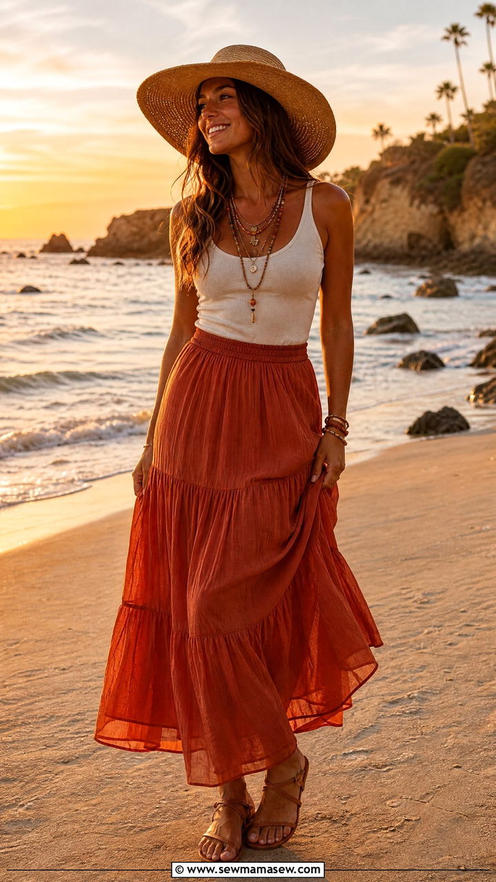 Cotton Tank Top With A Tiered Maxi Skirt - 30 Summer cotton outfits