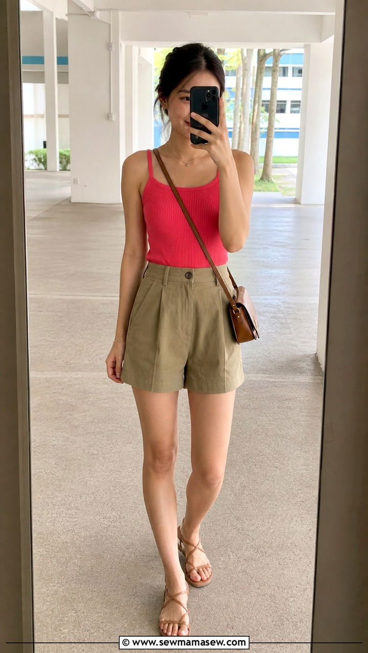 Cotton Tank Top with High Waisted Shorts and Flat Sandals - 40 What to wear in Singapore