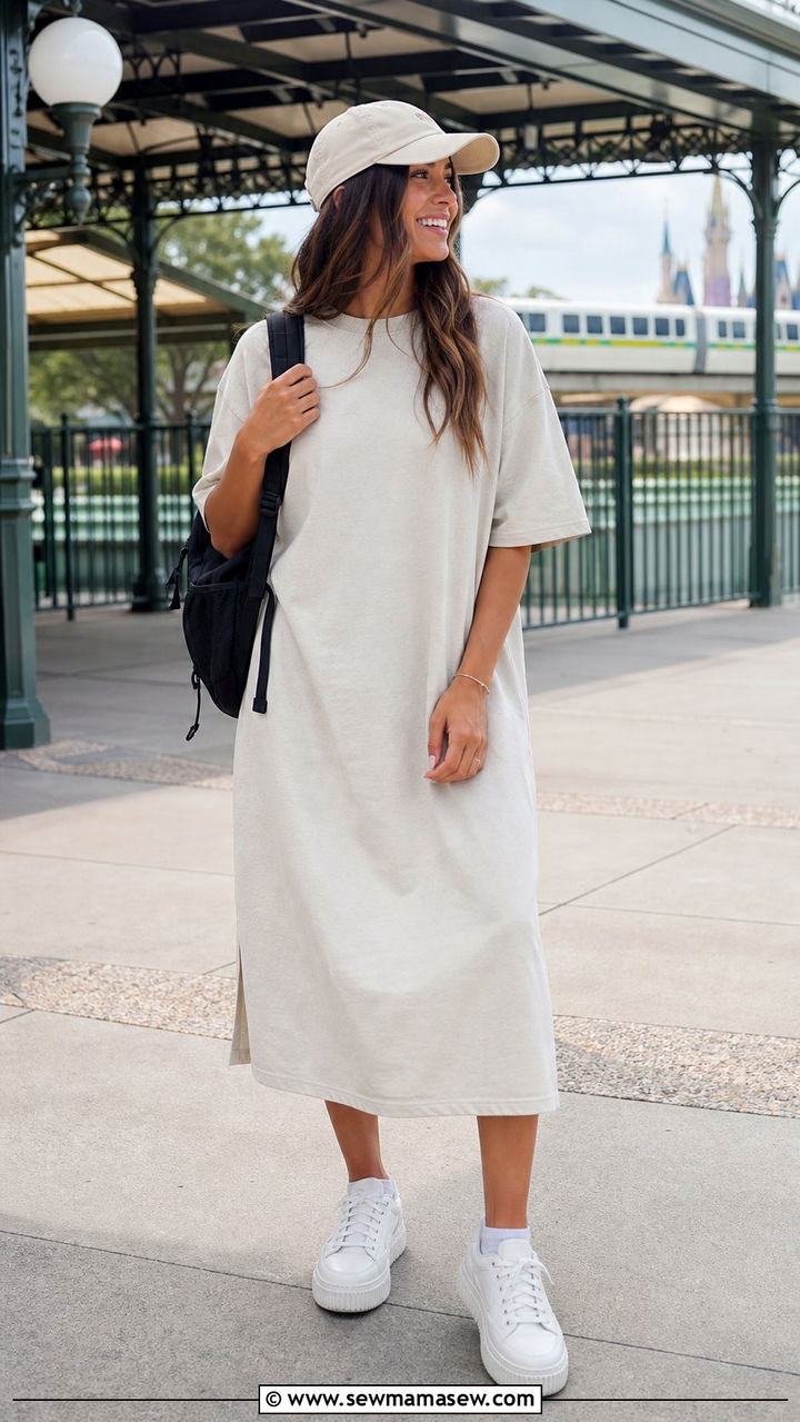 Cotton Tee Midi Dress with Platform Sneakers and Backpack - 35 casual midi dress outfits