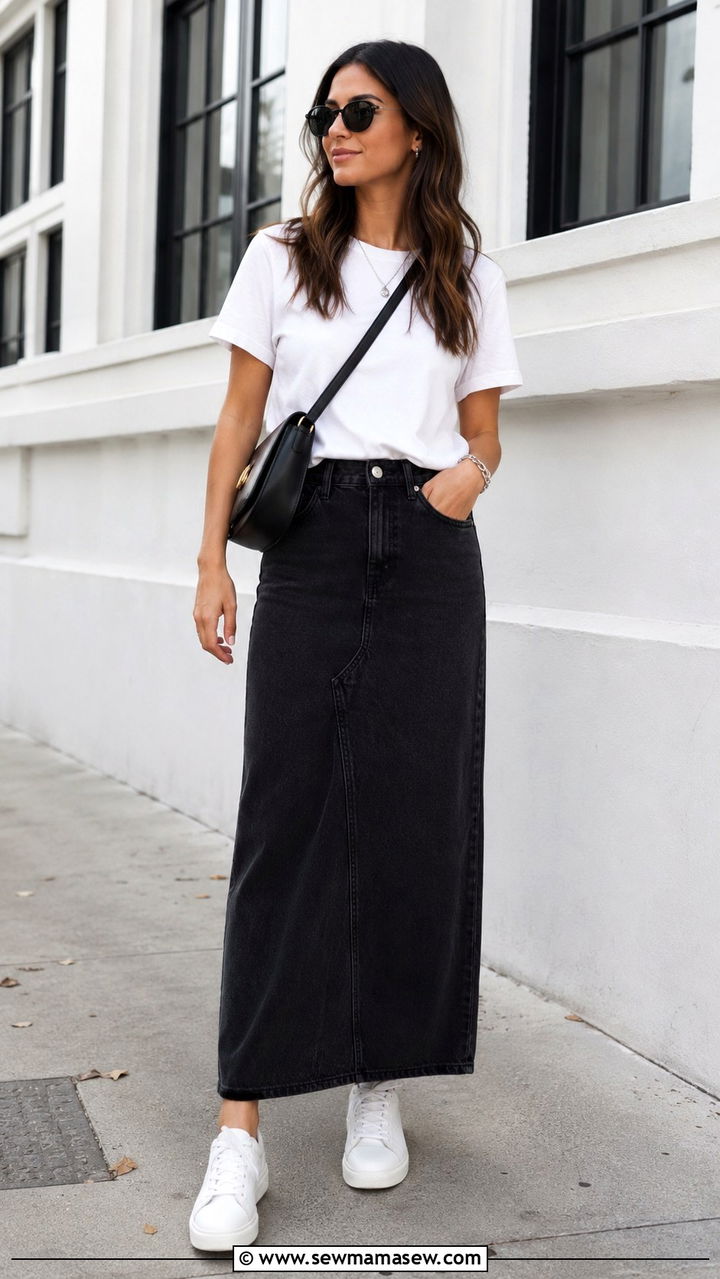 Cotton Tee With Long Black Denim Skirt And White Sneakers - 30 Long denim skirt outfit ideas summer