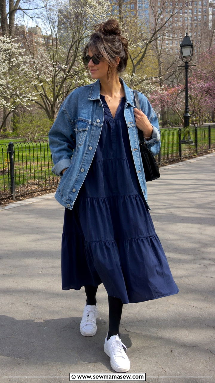 Cotton Tiered Maxi Dress With Tights And Sneakers - 30 Maxi dress outfit ideas with tights
