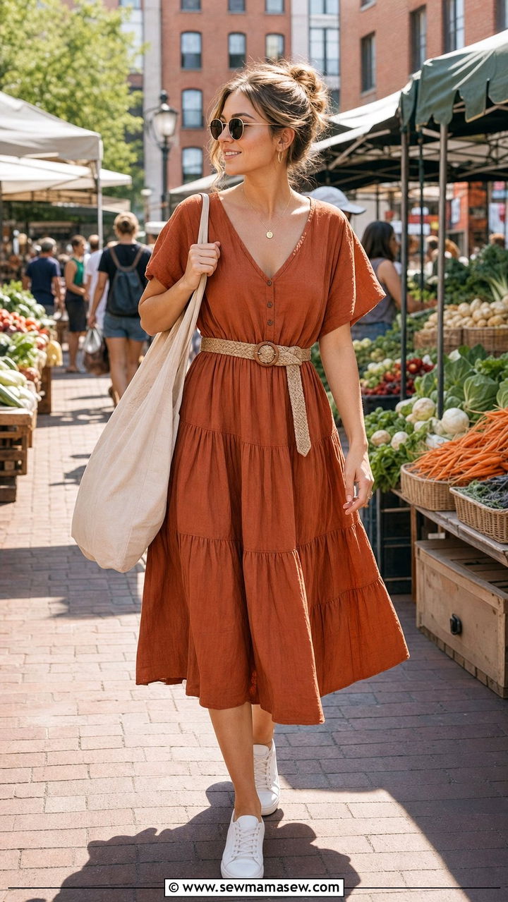 Cotton Tiered Midi Dress White Sneakers Outfit - 35 Boston outfit ideas