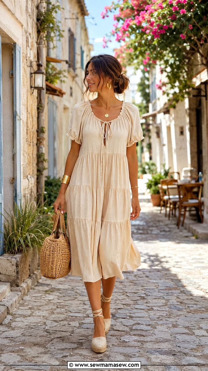 Cotton Tiered Midi Dress With Espadrille Wedges - 25 Turkey vacation outfit ideas