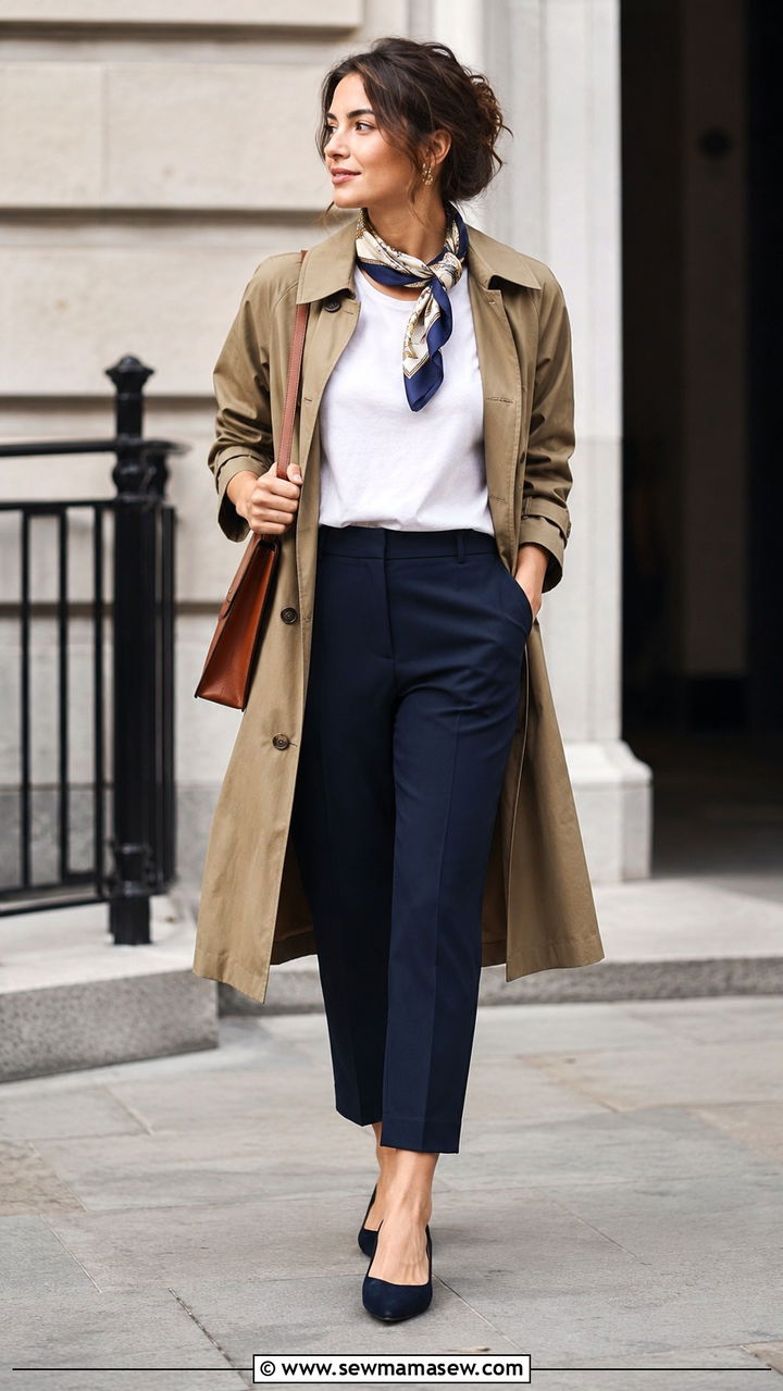Cotton Trench Coat with Tee and Cropped Pants Outfit - 30 Spring cotton outfits