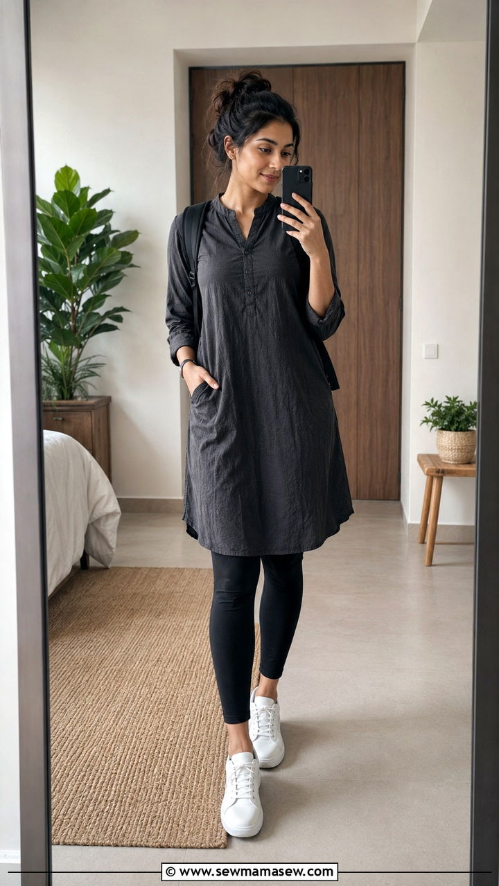 Cotton Tunic Over Leggings With Sneakers Outfit - 25 Modest outfit ideas for summer heat hot weather