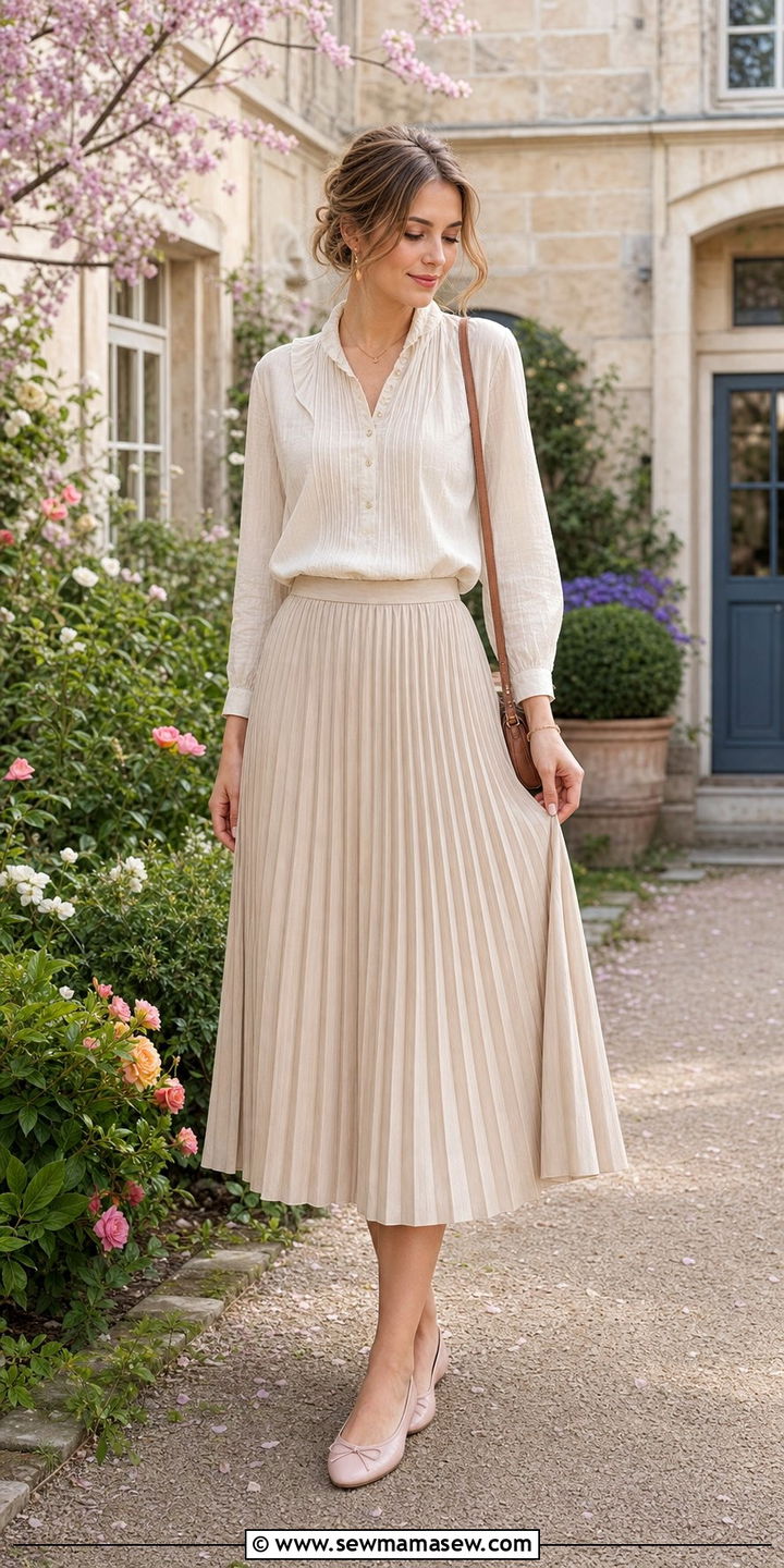 Cotton Voile Blouse with Pleated Midi Skirt and Ballet Flats - 25 classy light academia outfits