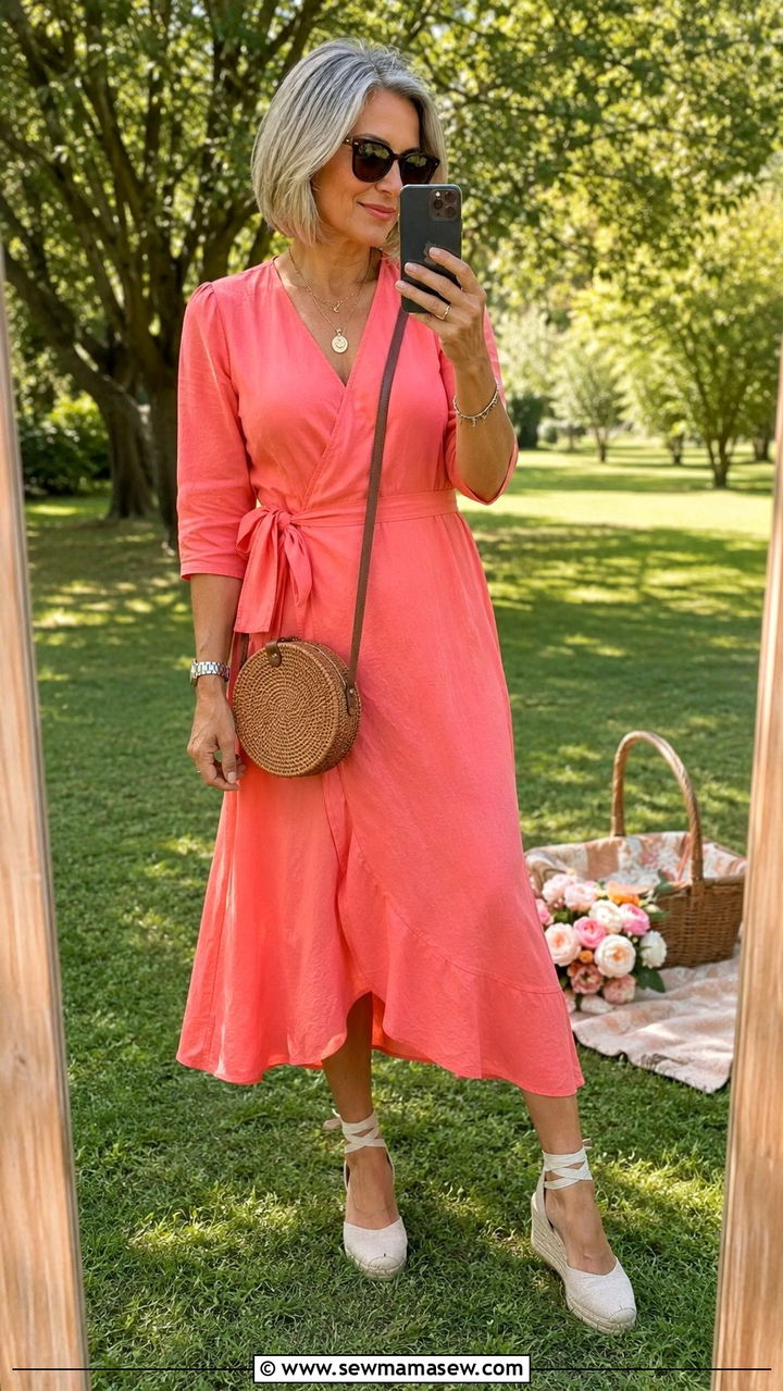 Cotton Wrap Dress With Espadrille Wedges - 30 Picnic outfits for women over 50