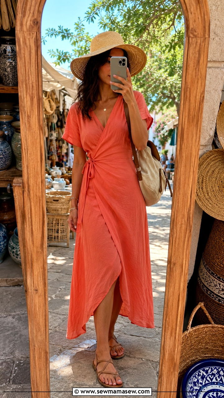 Cotton Wrap Dress with Flat Sandals - 25 Wrap dress outfit ideas with sandals