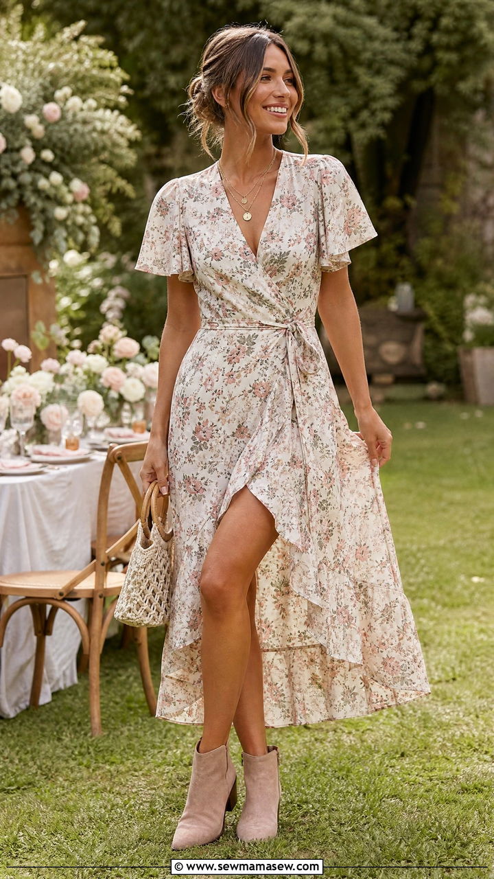 Cotton Wrap Dress with Suede Ankle Boots - 30 Summer outfits with ankle boots