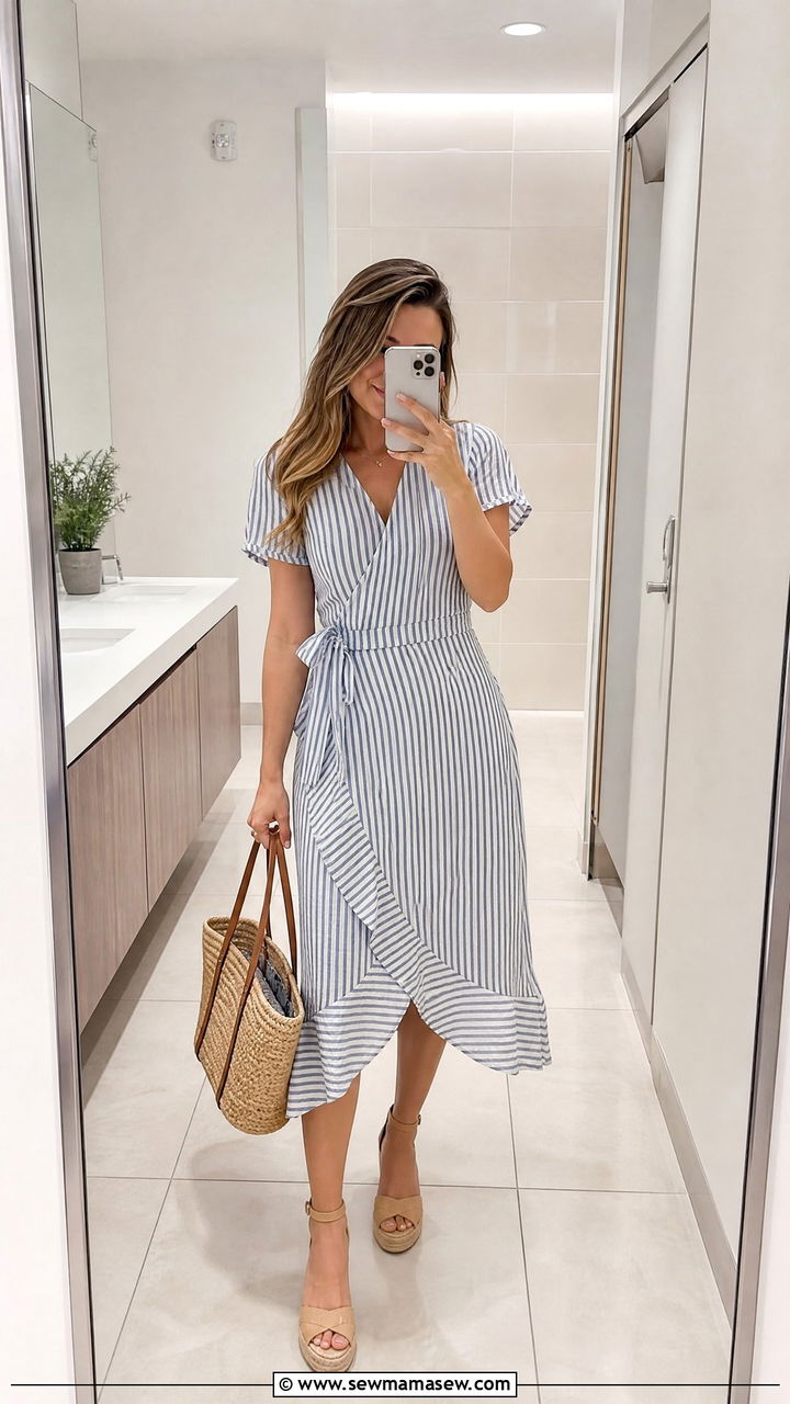 Cotton Wrap Midi Dress With Espadrille Wedges And Tote - 30 summer outfits for office women