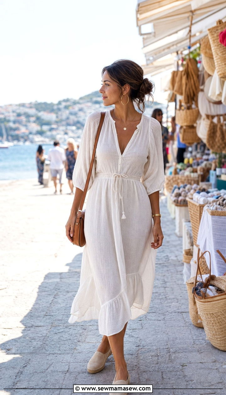 Cotton gauze dress with espadrille flats - 35 beach vacation outfits ideas