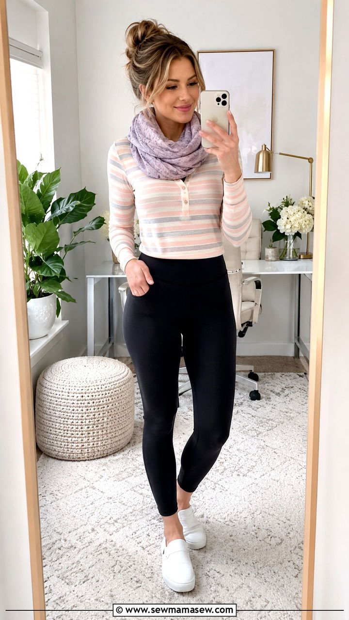 Cotton henley with high waist leggings and slip on sneakers - 30 Spring outfit ideas for work from home