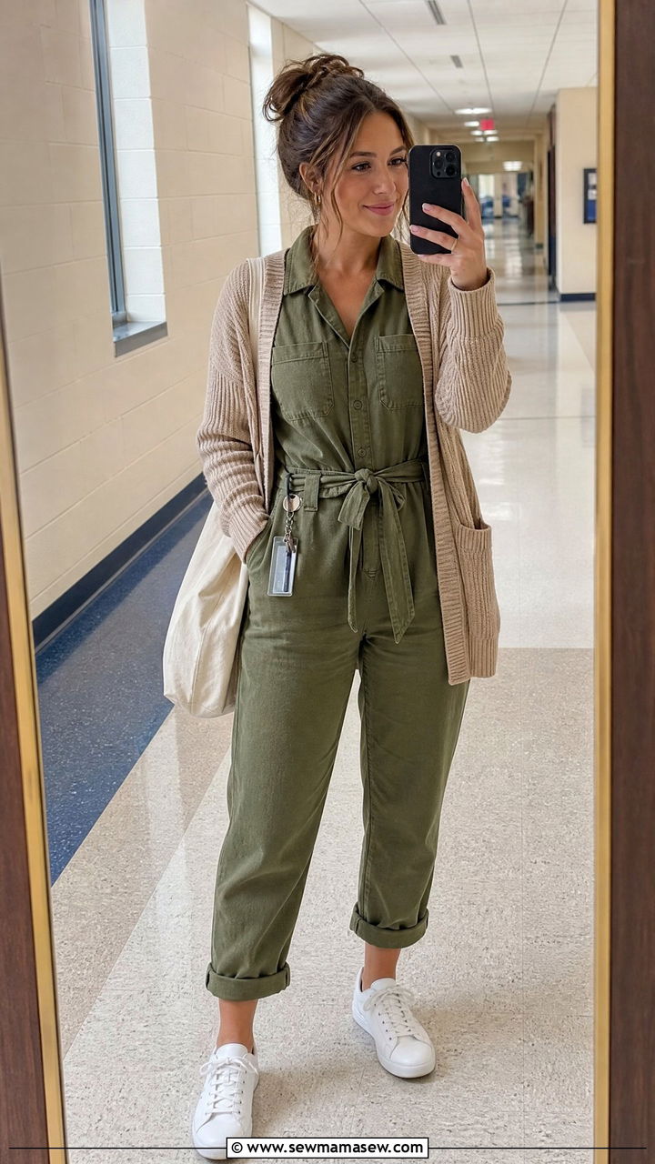 Cotton jumpsuit with cardigan teacher outfit - 30 summer teacher outfit ideas