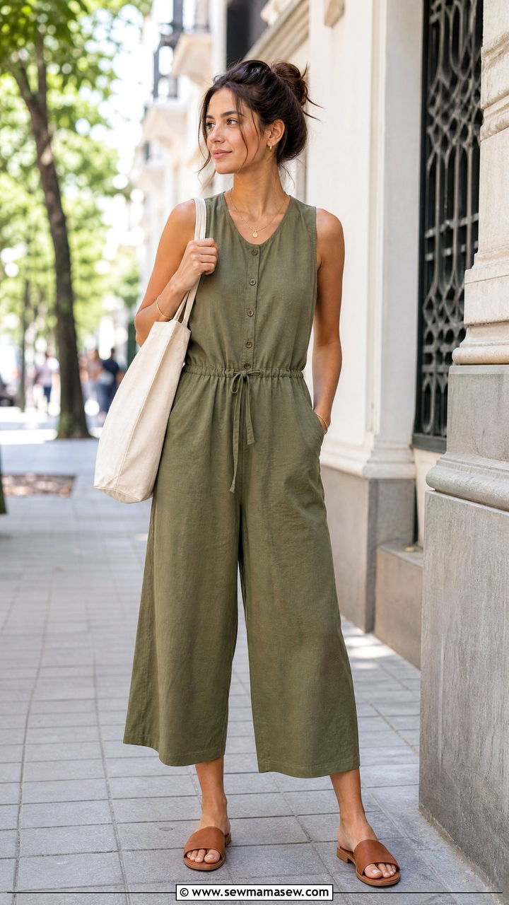 Cotton jumpsuit with mules - 30 summer outfits for modest women