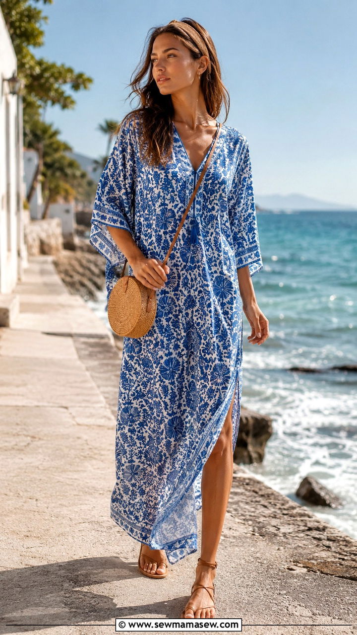 Cotton kaftan dress with flat strappy sandals - 20 Outfit ideas for belly after C section