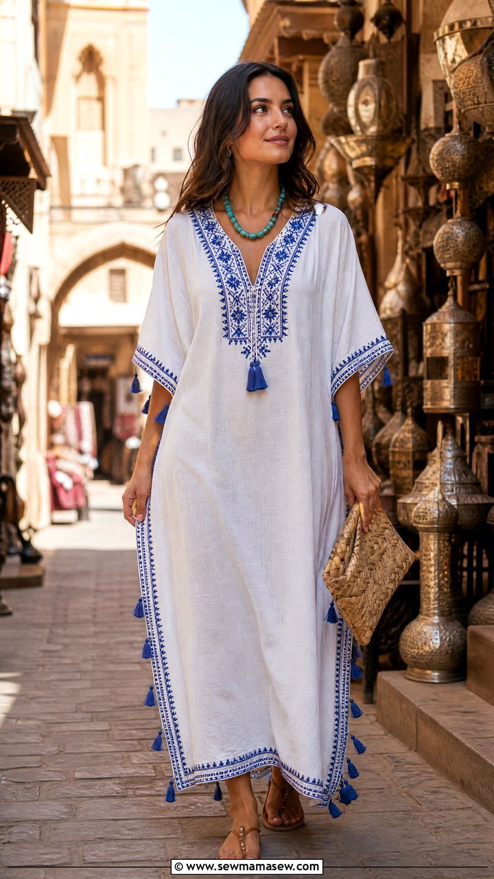 Cotton kaftan dress with tassel details outfit - 25 Cairo outfit ideas