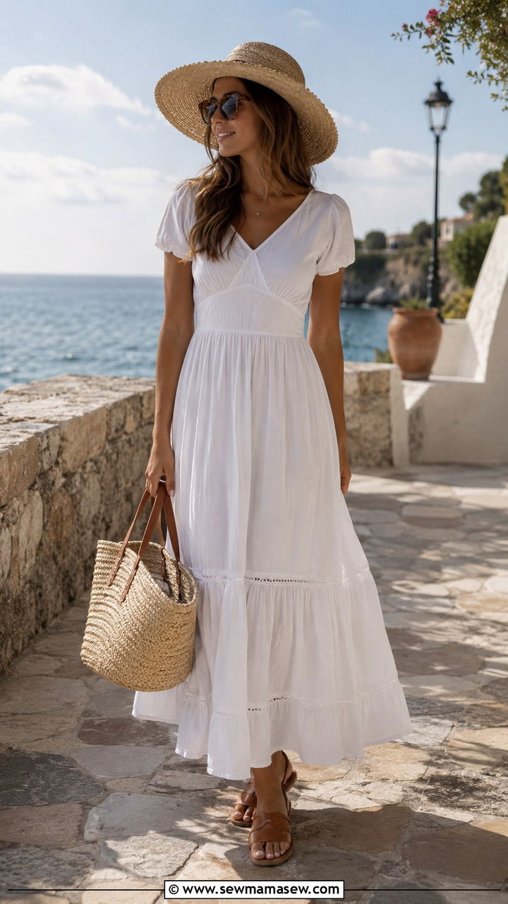 Cotton maxi dress with a wide brim hat and flat sandals - 30 Spring capsule wardrobe