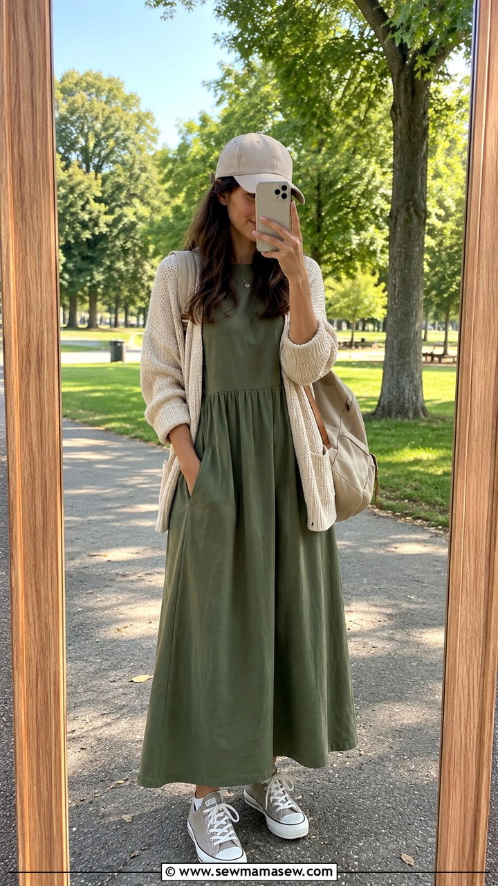 Cotton maxi dress with casual sneakers - 30 Maxi dress with sneakers outfit ideas