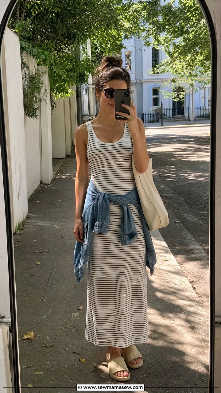 Cotton maxi dress with slide sandals everyday outfit - 30 Maxi dress with sandals outfit ideas