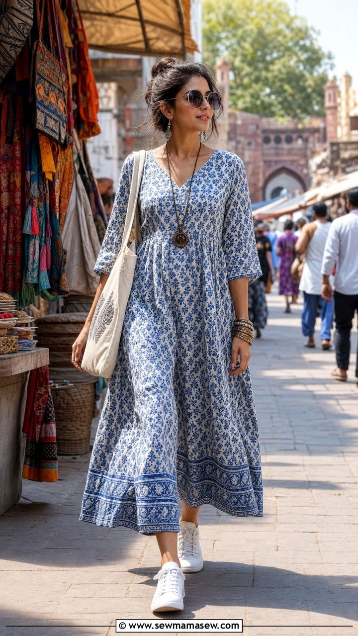 Cotton maxi dress with sneakers - 25 Delhi outfit ideas